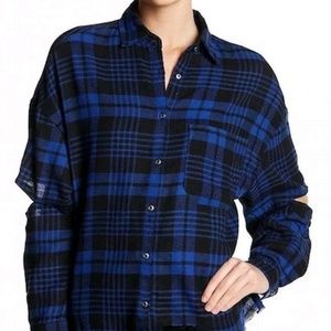 LUSH Blue and Black Plaid top w open elbows
